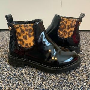 Nine West Toddler Girl Faux Leather Abby Moto Boot with Cheetah Print in Size 11